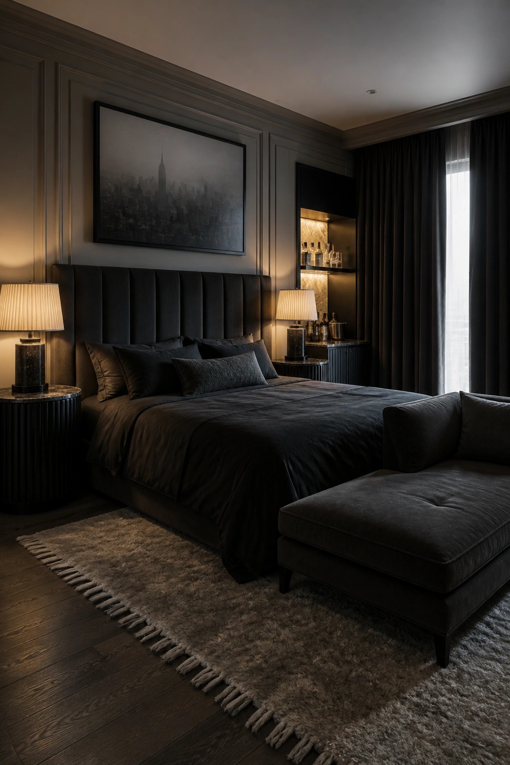 A dark bedroom with black paneled walls, a large bed in black linens, a cityscape artwork above the headboard, and a built-in lit bar niche on the right.