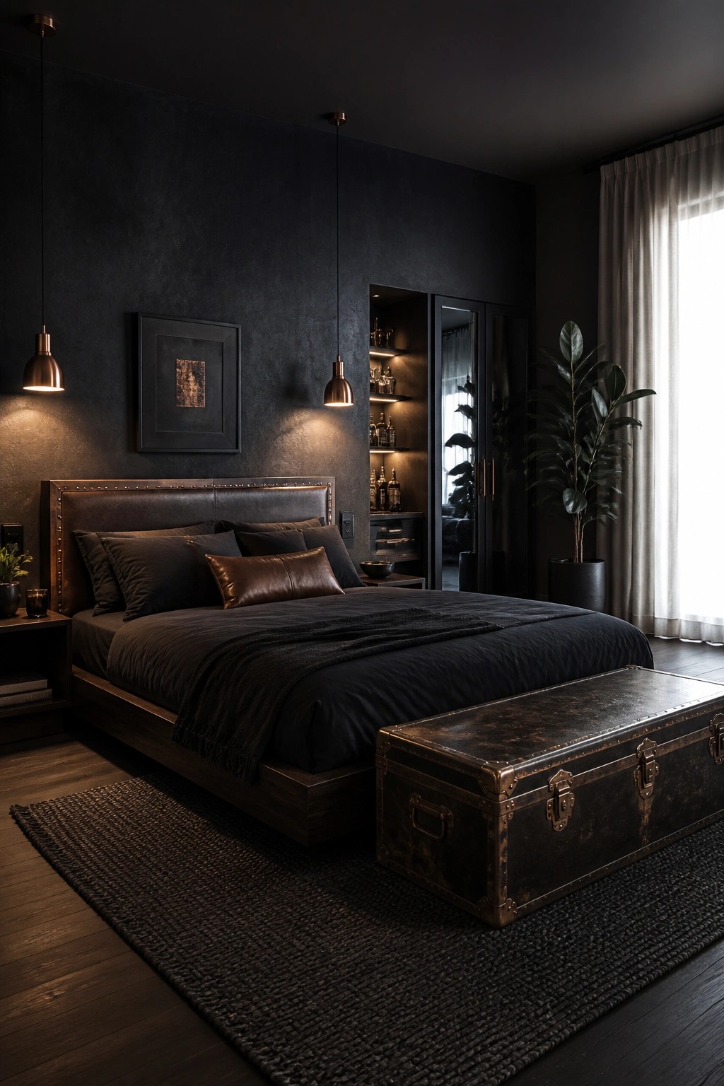 A dark bedroom featuring black walls, a leather headboard bed with dark bedding, pendant lights, and a large vintage trunk at the foot of the bed.