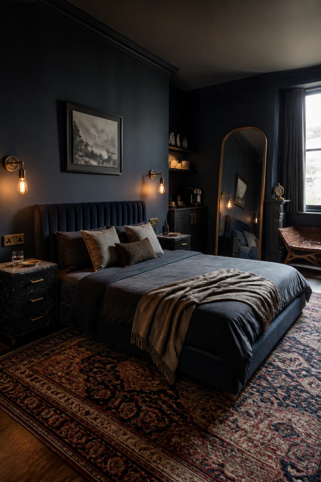 A bedroom featuring dark navy walls, a large blue upholstered bed with layered pillows and a throw, wall sconces with exposed bulbs, a tall arched mirror, and patterned rugs on a wood floor.