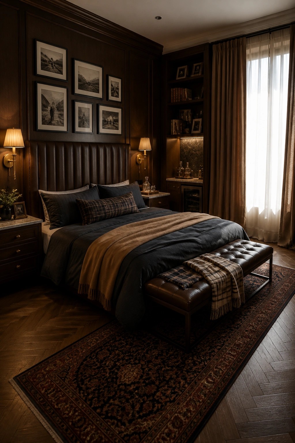 A bedroom with dark wood paneled walls, a large bed with dark linens and a brown throw, a tufted leather bench at the foot, built-in shelves, and framed photos above the headboard.