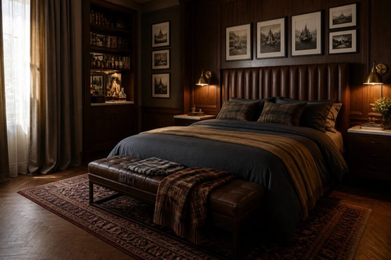 24 Luxurious Gentleman Bedroom Ideas for a Hotel Inspired Feel A bedroom with dark wood paneled walls, a large bed with dark linens and a brown throw, a tufted leather bench at the foot, built-in shelves, and framed photos above the headboard.