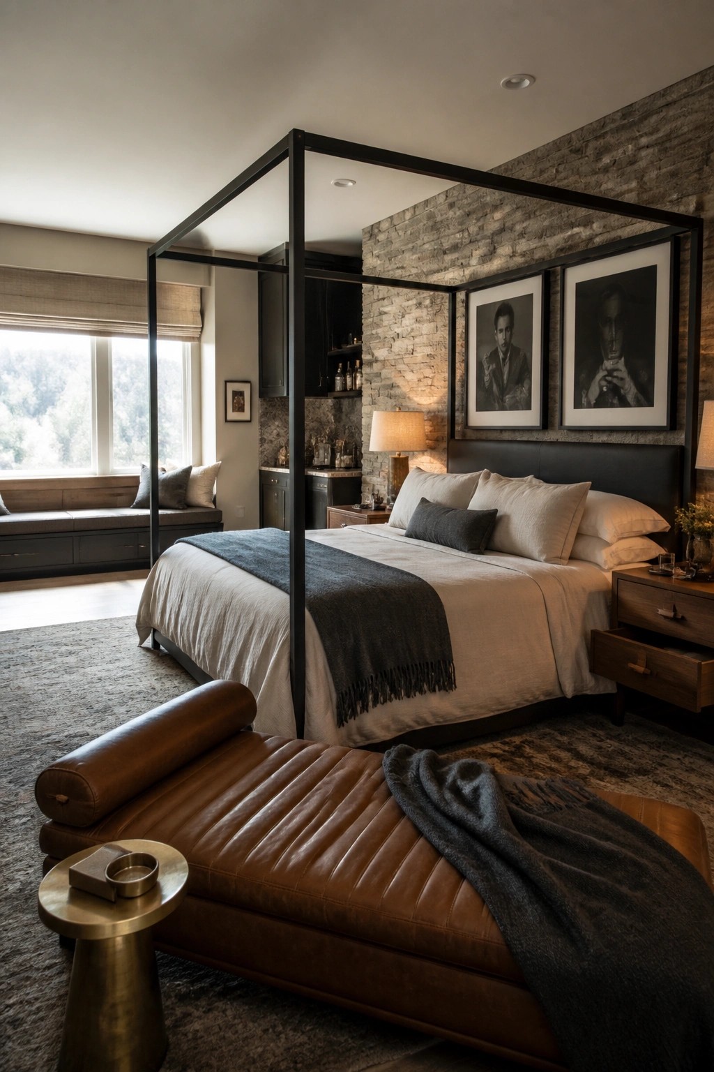 A bedroom with a black four-poster bed, white bedding, a brown leather bench at the foot, and a stone wall with two framed portraits.