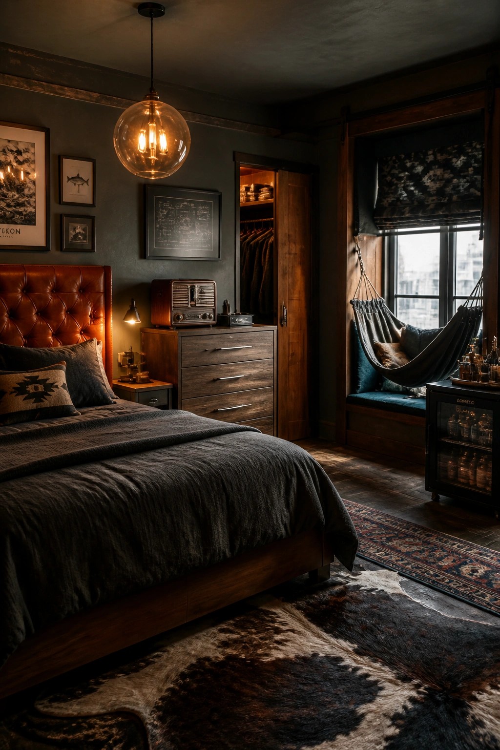 A dark masculine bedroom featuring a large bed with a brown leather headboard, a wooden dresser, an open closet, and a hanging hammock chair positioned beside a window.