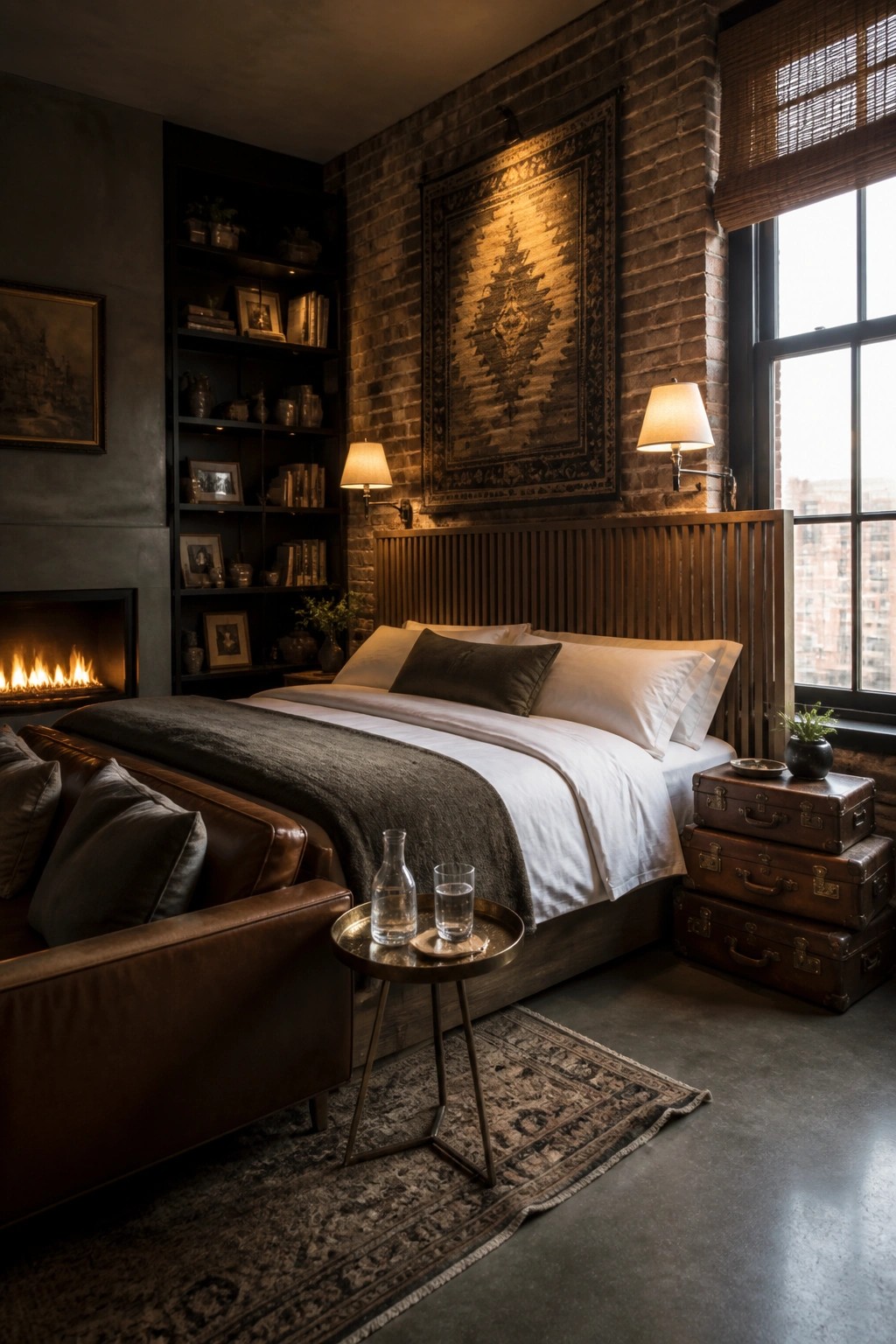 A bedroom with a tall wooden headboard against an exposed brick wall, white bedding, a brown leather chair, stacked vintage trunks, and warm lighting from wall sconces.
