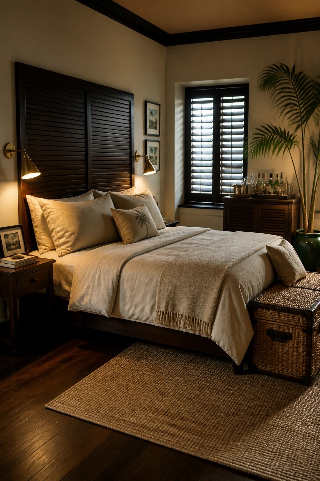 A bedroom with a dark wood shutter-style headboard, neutral bedding, wall sconces, and a woven rug on dark hardwood floors.