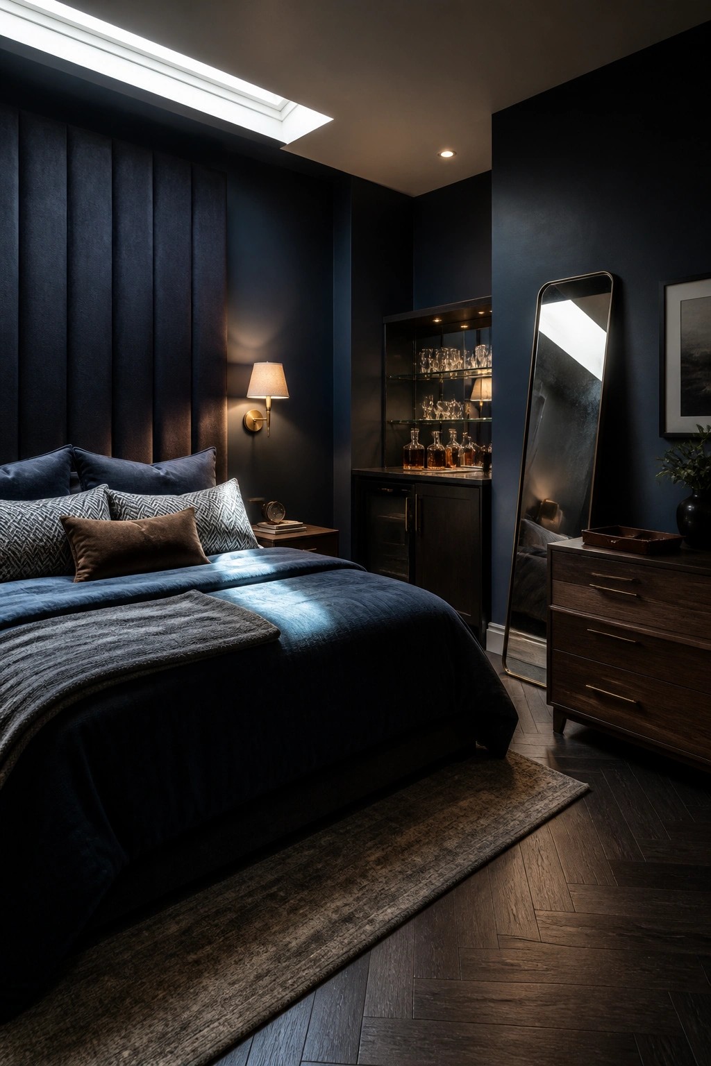 A bedroom with dark blue walls, a large bed with blue bedding and a velvet headboard, a wooden dresser with mirror, and a glass-front cabinet.