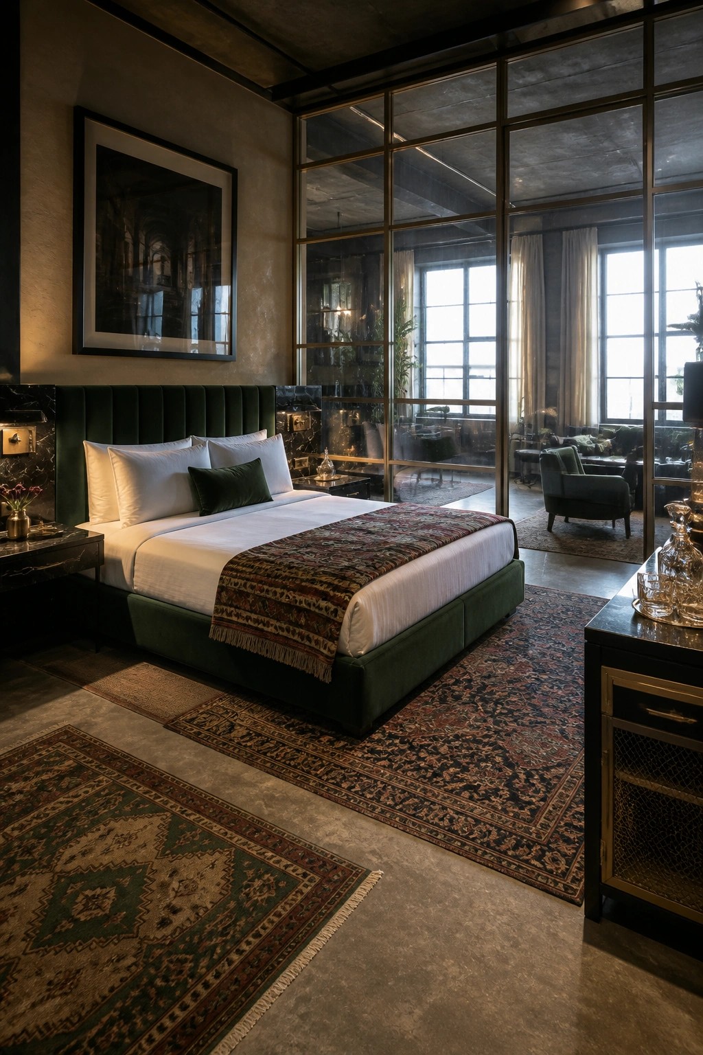 A bedroom with a green velvet bed and white bedding sits in front of a large black-framed glass partition that opens to a lounge area with windows and seating.