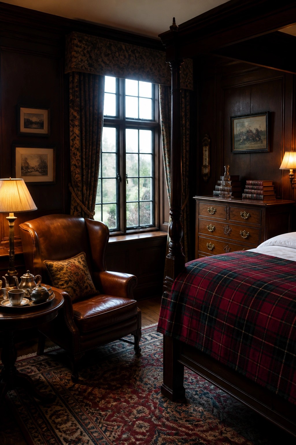 A bedroom interior with dark wood paneling, a four-poster bed dressed in red plaid, a brown leather armchair near a window with patterned drapes, and a wooden dresser holding books and a lamp.