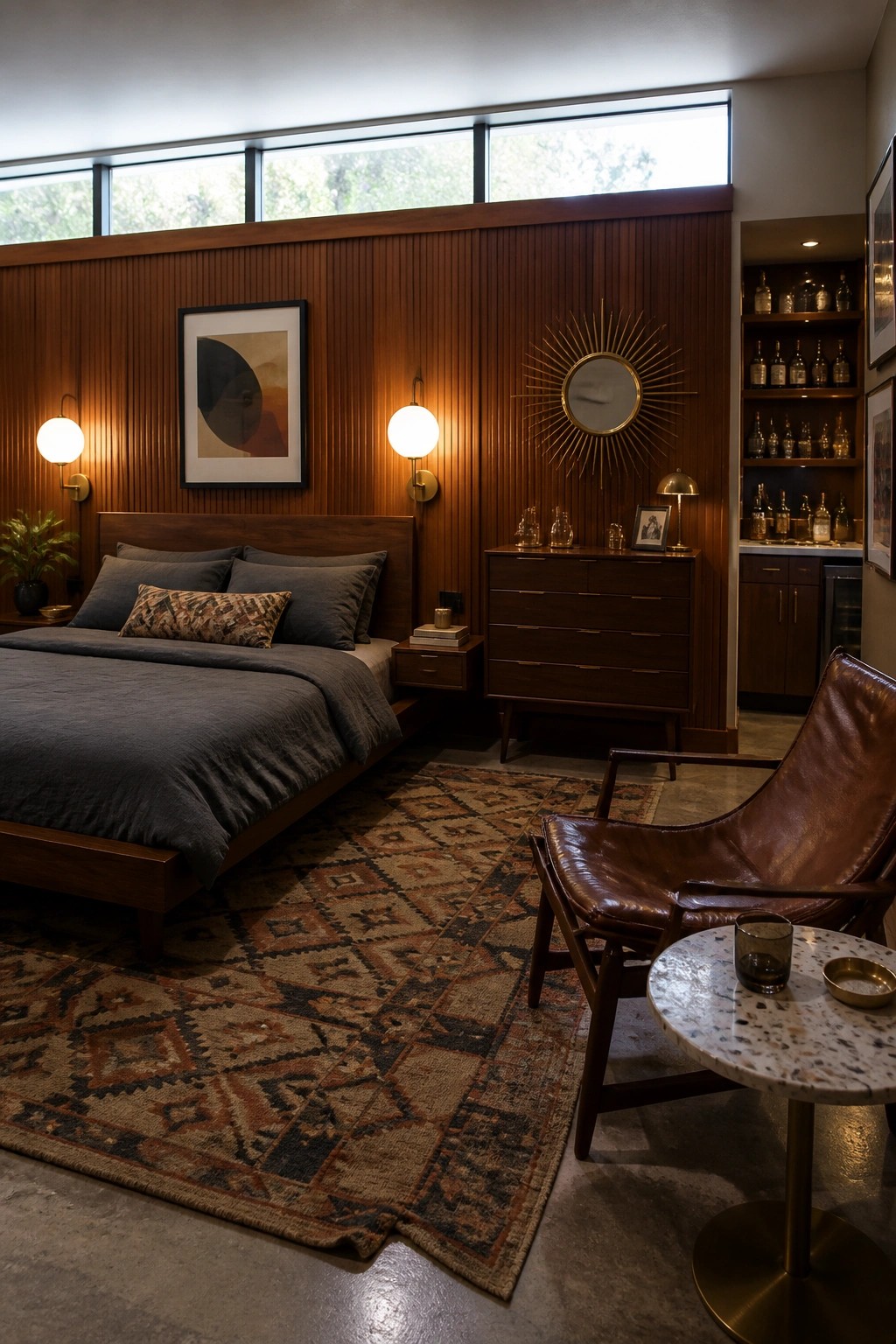 A bedroom with dark wood vertical paneling behind the bed, two wall sconces, a leather chair, and a built-in bar area on the right.