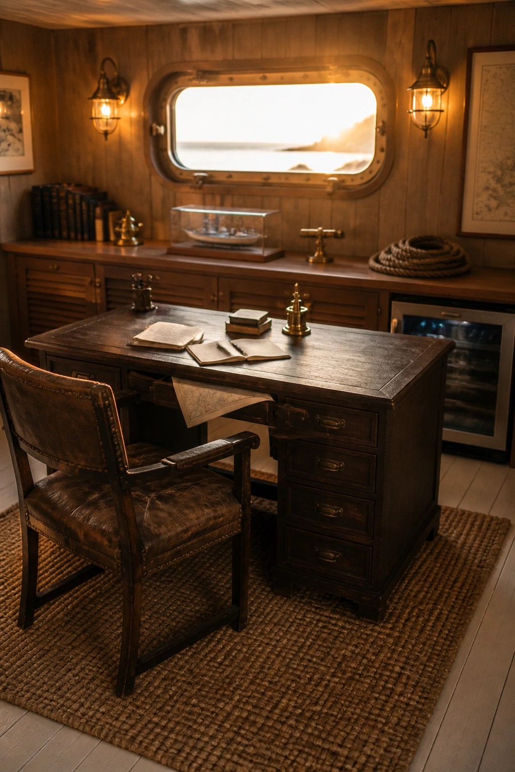 A dark wooden executive desk with multiple drawers and an open side drawer sits on a woven rug in a wood-paneled office with a brown leather chair, a porthole window, and nautical decor.