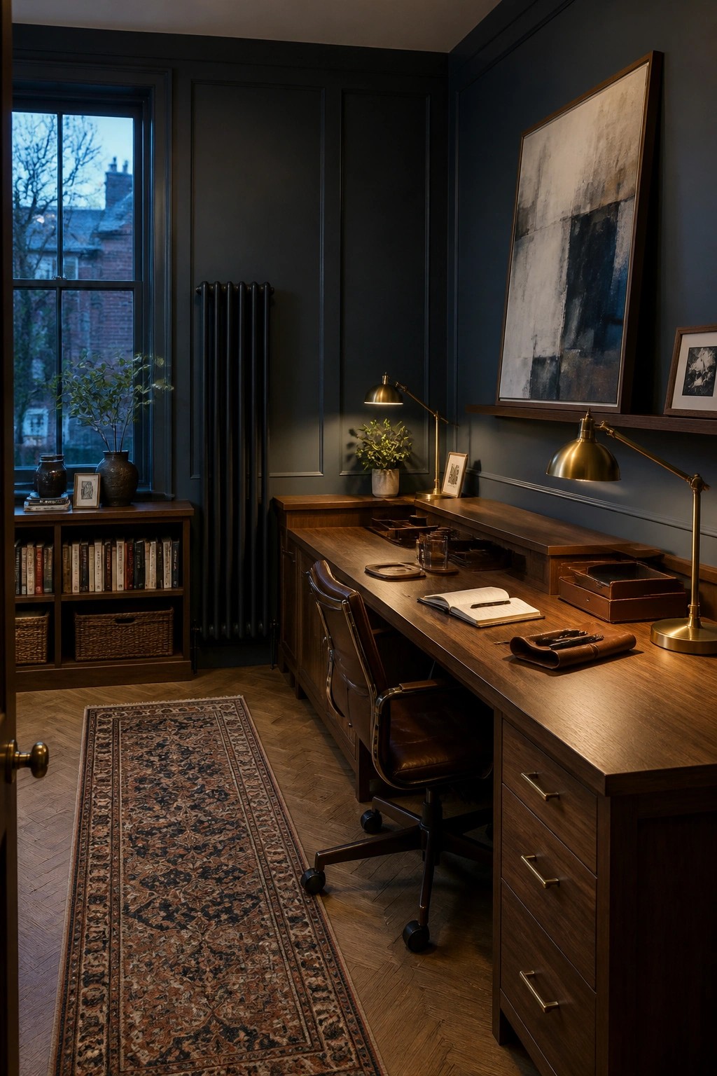 A home office with a long wooden desk, brown leather chair, dark blue walls, and a window on the left.