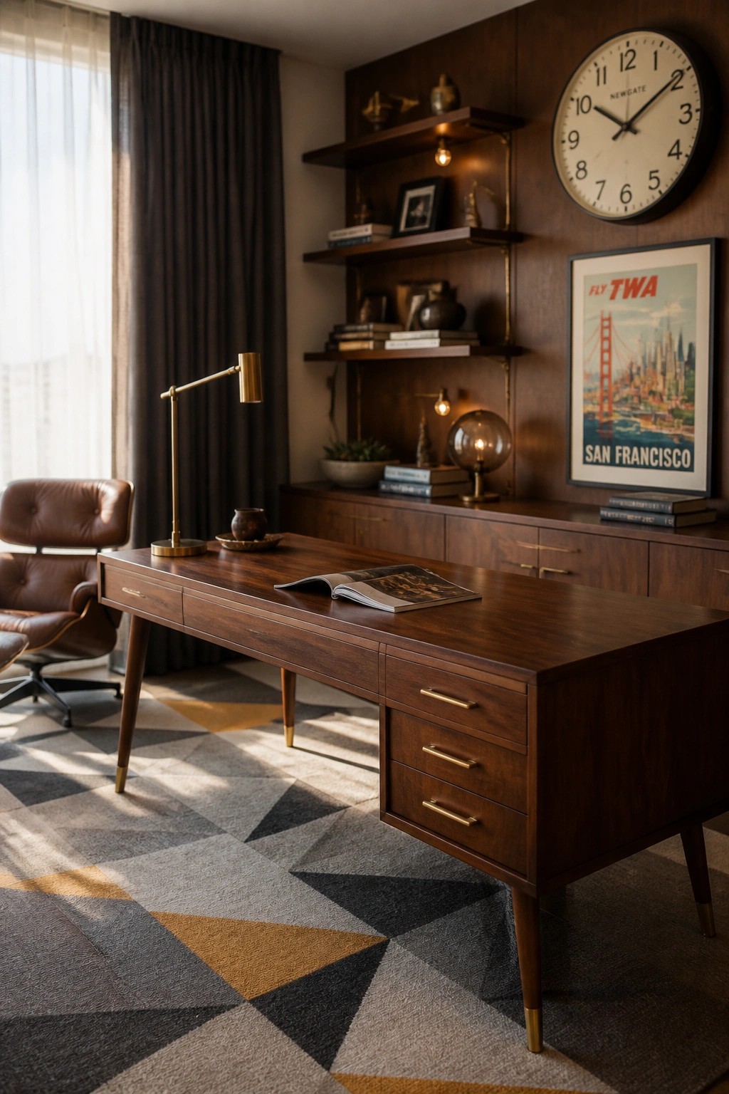 A dark wood desk with multiple drawers and brass handles sits in a home office, topped with an open magazine, next to a brown leather chair and wooden wall shelves.