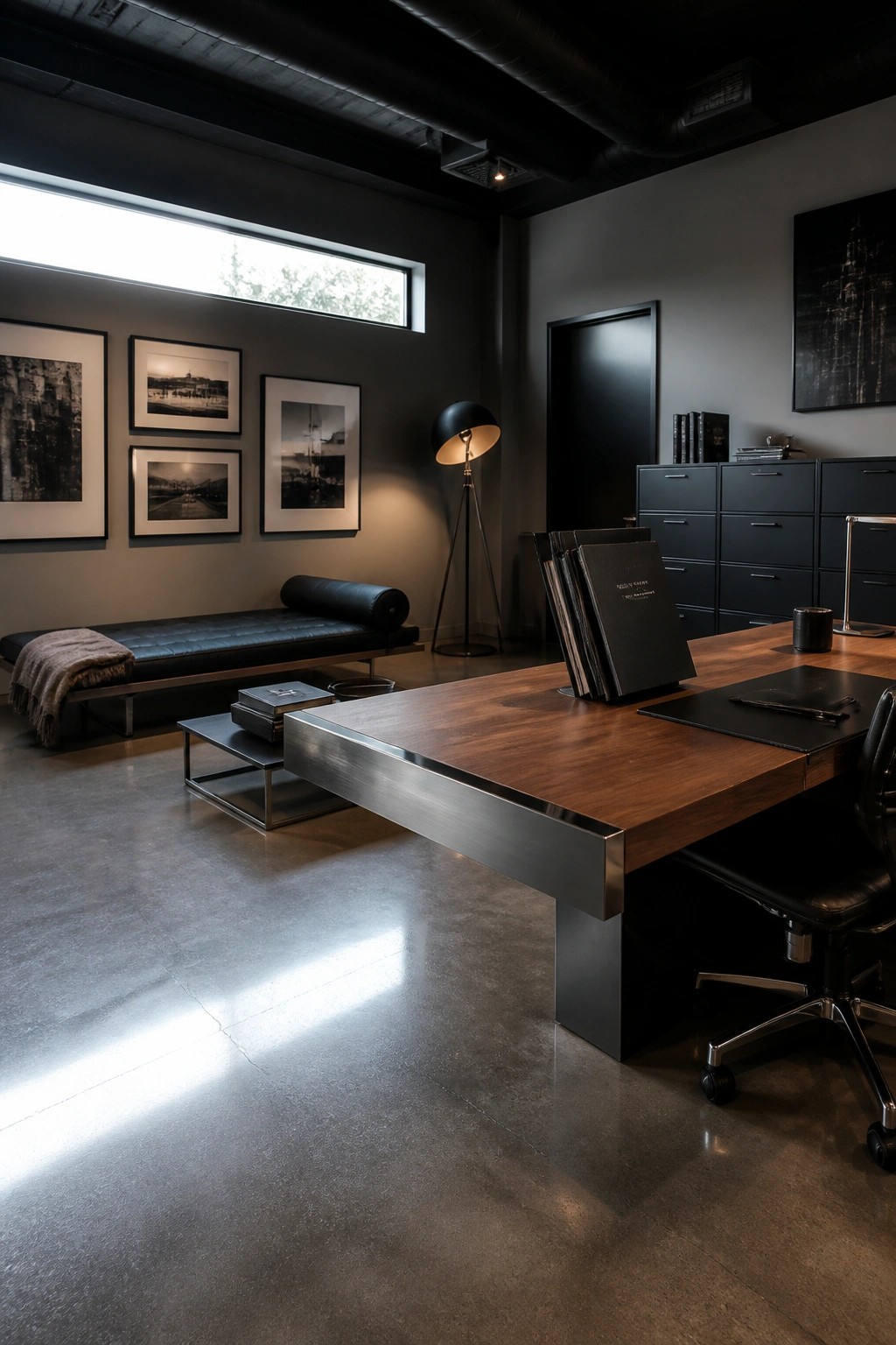 A modern masculine home office with a large wooden desk featuring a metal base, black leather chair, framed black and white artwork on dark walls, and a concrete floor.