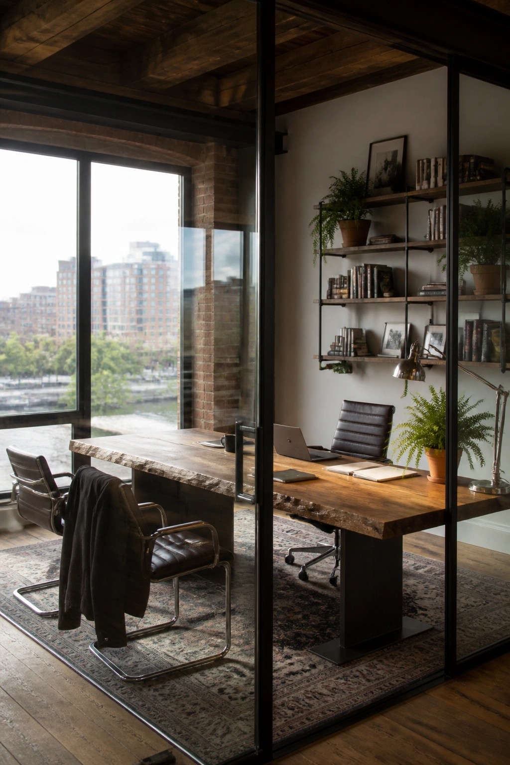 A home office with a large live-edge wooden desk, two leather office chairs, wall-mounted shelves with books and plants, and large windows visible through glass partitions.