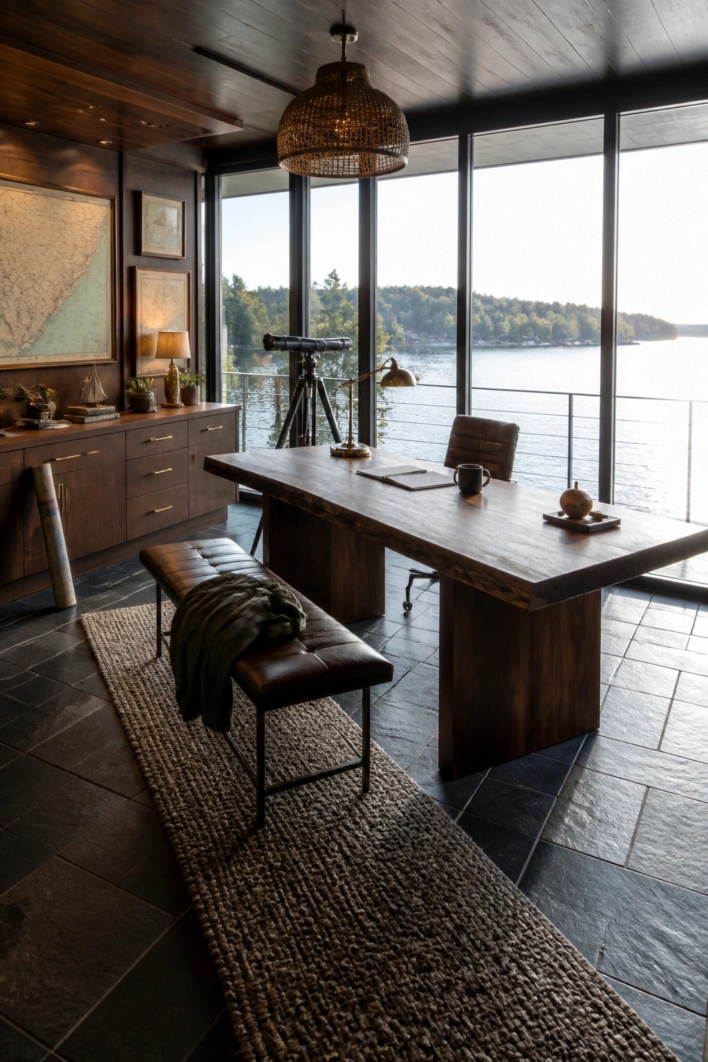 A spacious home office featuring a large wooden desk positioned in front of floor-to-ceiling windows overlooking a lake, with a leather bench and dark wood cabinetry along the side wall.