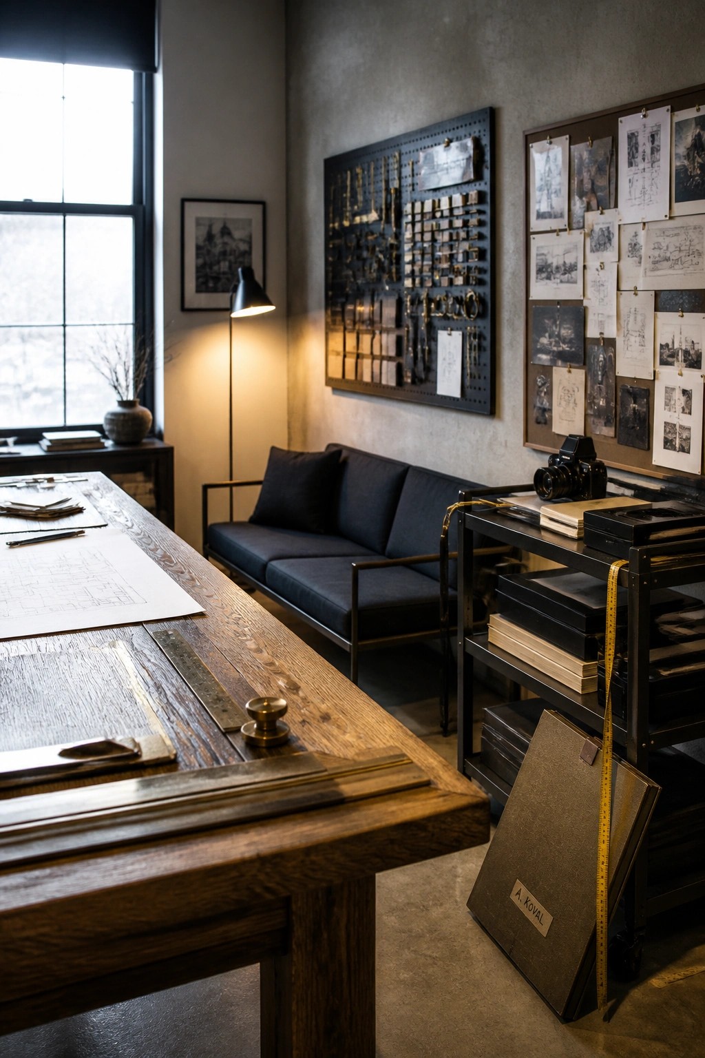 Design studio with wooden drafting table, blueprints, black sofa, pegboard tools, and sketch boards.