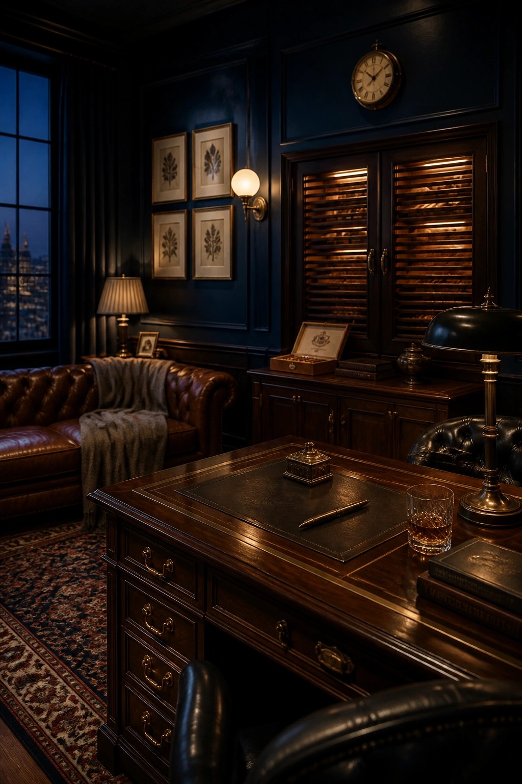 A large dark wood desk with a leather top and brass hardware sits in a navy-walled home office, accompanied by a leather chair, a lit desk lamp, and a glass of whiskey on the surface.