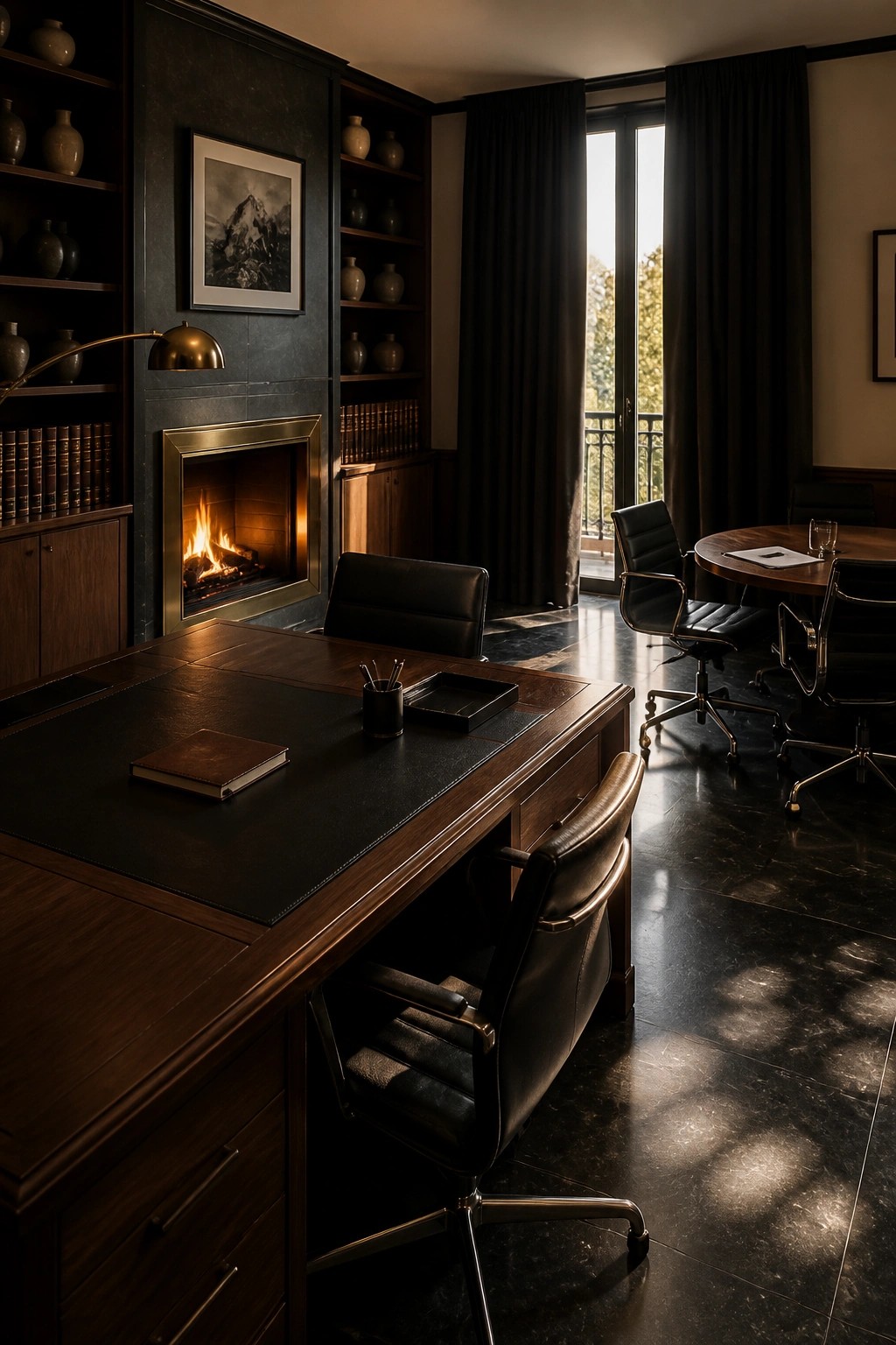 A dark wood executive desk with leather chair faces a built-in fireplace surrounded by shelves in a masculine home office.