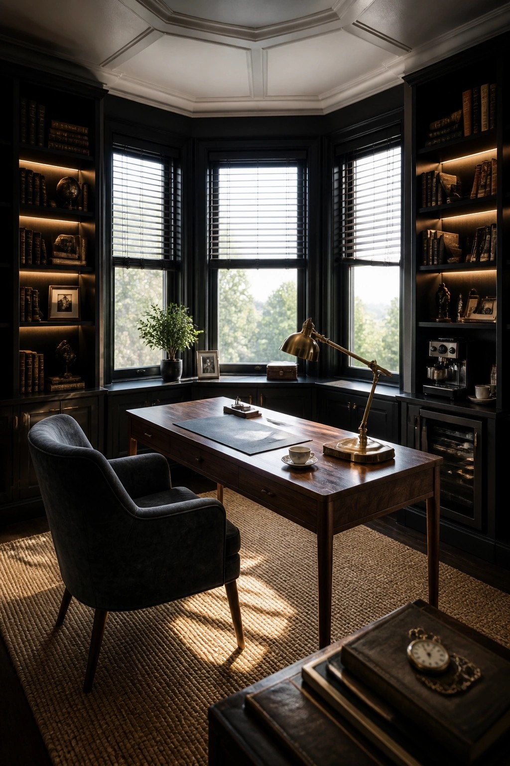 A dark masculine home office with built-in bookshelves flanking three windows, a wooden desk in the center, and a blue upholstered chair on a woven rug.