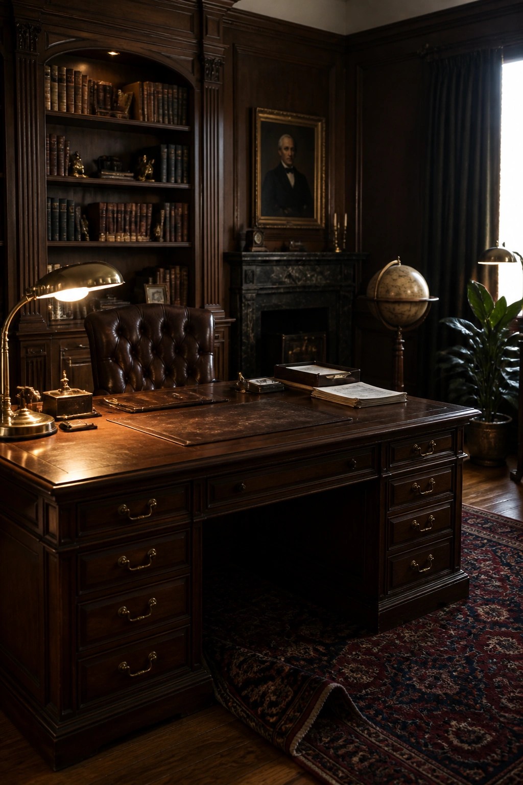 A dark wood executive desk with a tufted leather chair sits in front of built-in bookshelves in a paneled office with a fireplace and globe.