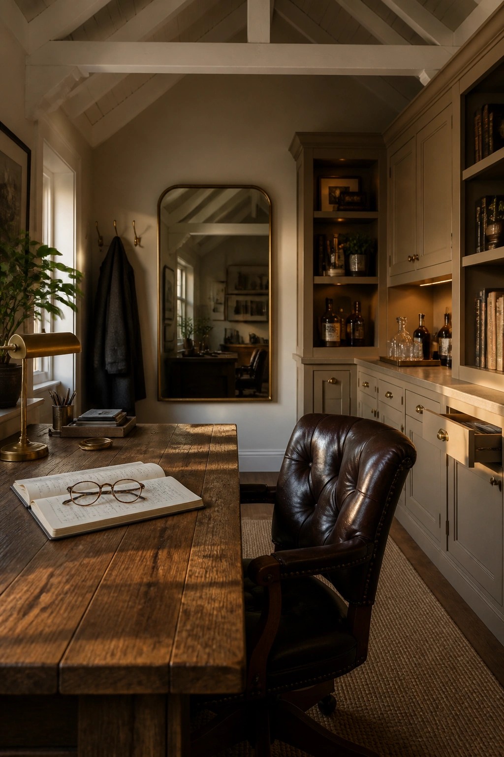 A masculine home office featuring a wooden desk with an open notebook and glasses, a brown leather chair, and built-in cabinetry with shelves holding books and liquor bottles.