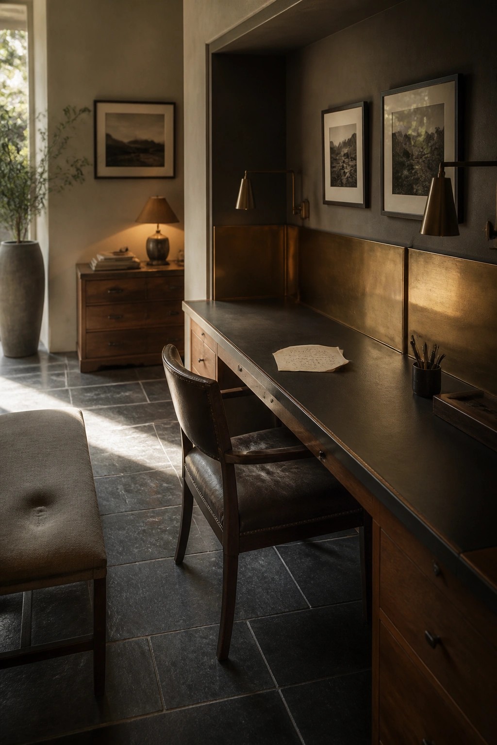 A long built-in desk with a dark top sits against a wall with brass lower panels, a brown leather chair in front, and framed black and white photos above.