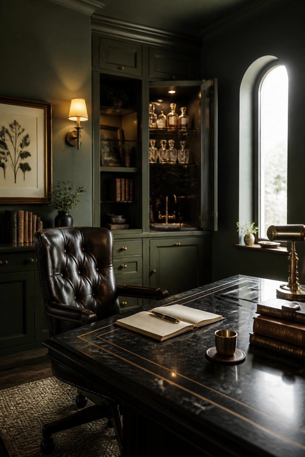 A dark green home office featuring a large marble desk, brown leather chair, and built-in cabinetry with an open bar section holding glassware and bottles.