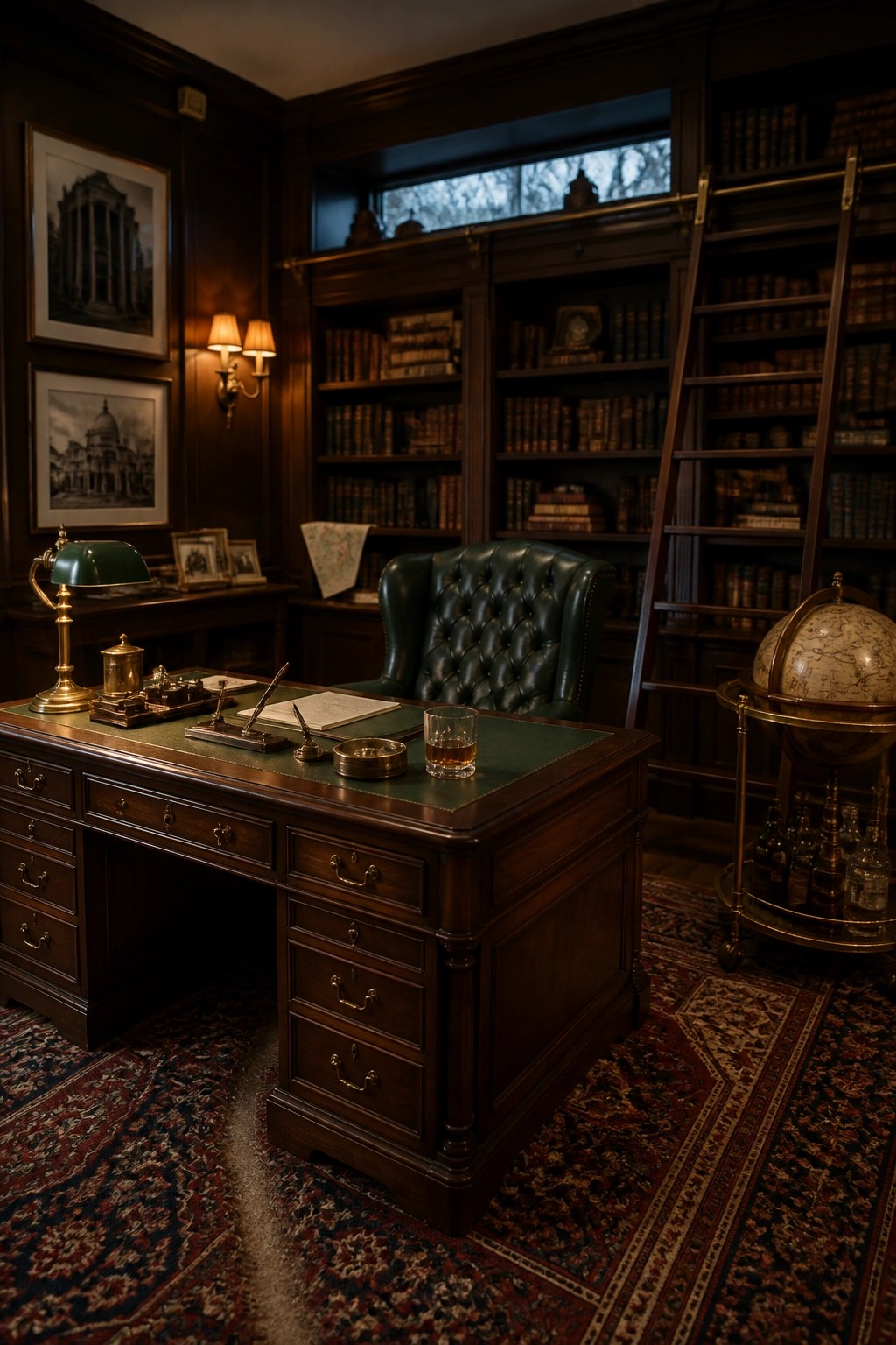 A large wooden executive desk with a green leather top is positioned in front of dark built-in bookshelves in a home office.