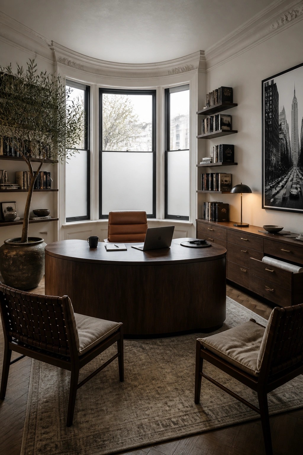 A home office featuring a large curved dark wood desk positioned in a bay window, with two leather chairs, built-in bookshelves, and a large black and white city photograph on the wall.