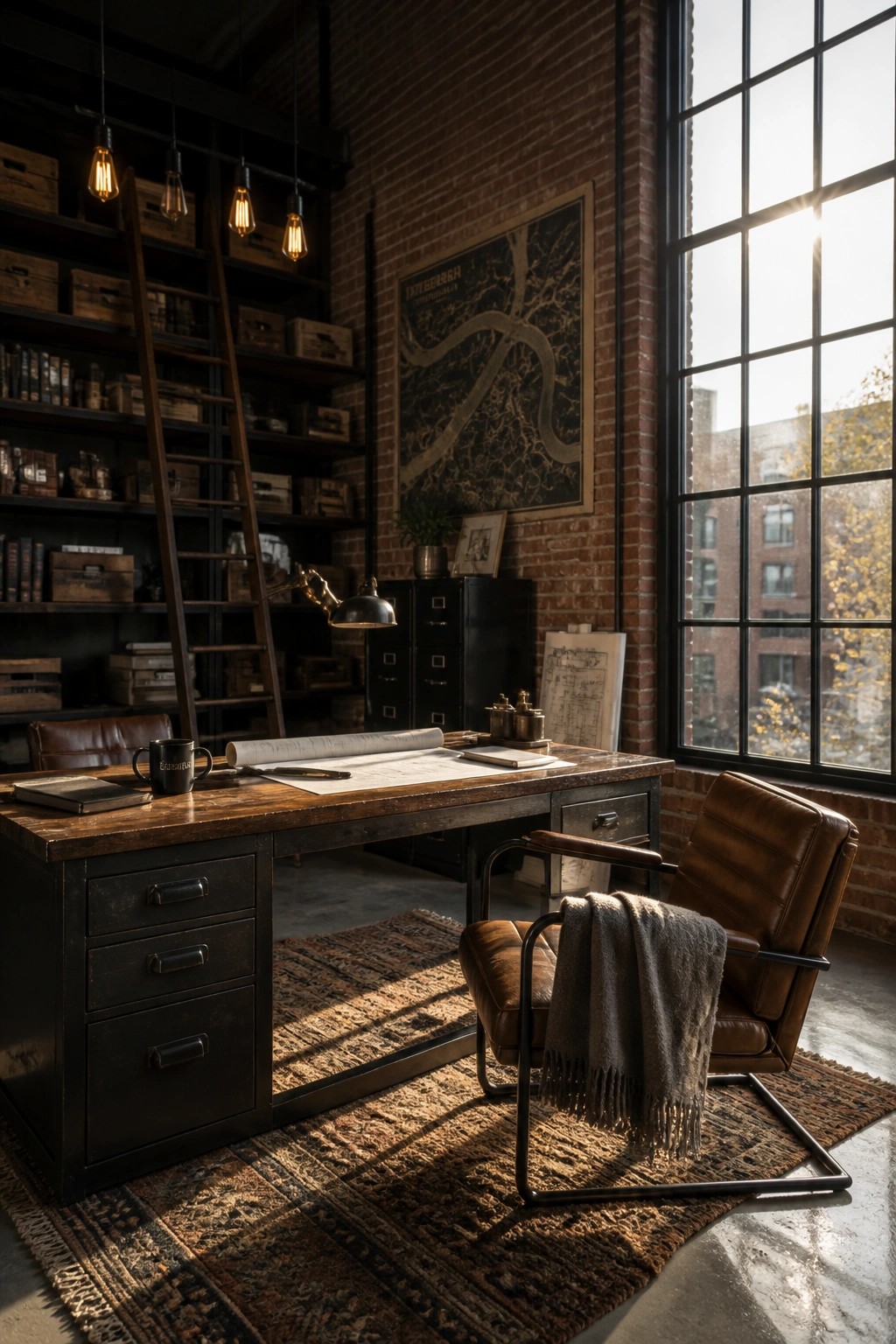 A home office with a large dark wood desk, two brown leather chairs, black bookshelves with a ladder, and a large window on a brick wall.
