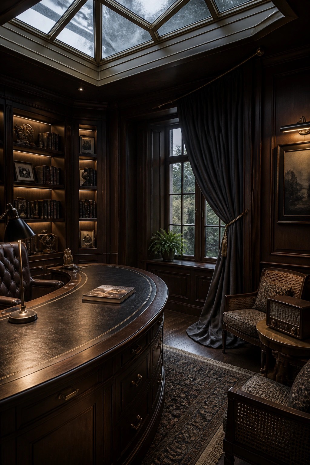 A dark wood paneled home office with built-in bookshelves, a large curved desk, a leather chair, and a window with heavy curtains.