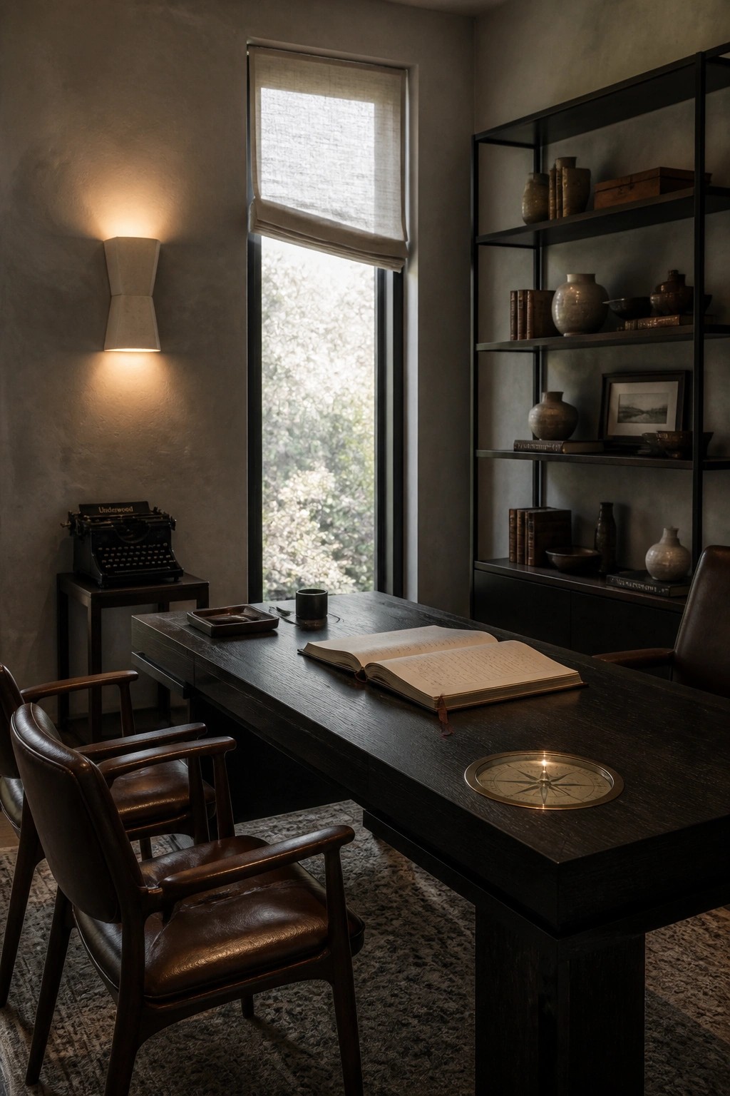 Dark wooden desk with open book, compass, and leather chairs in moody study