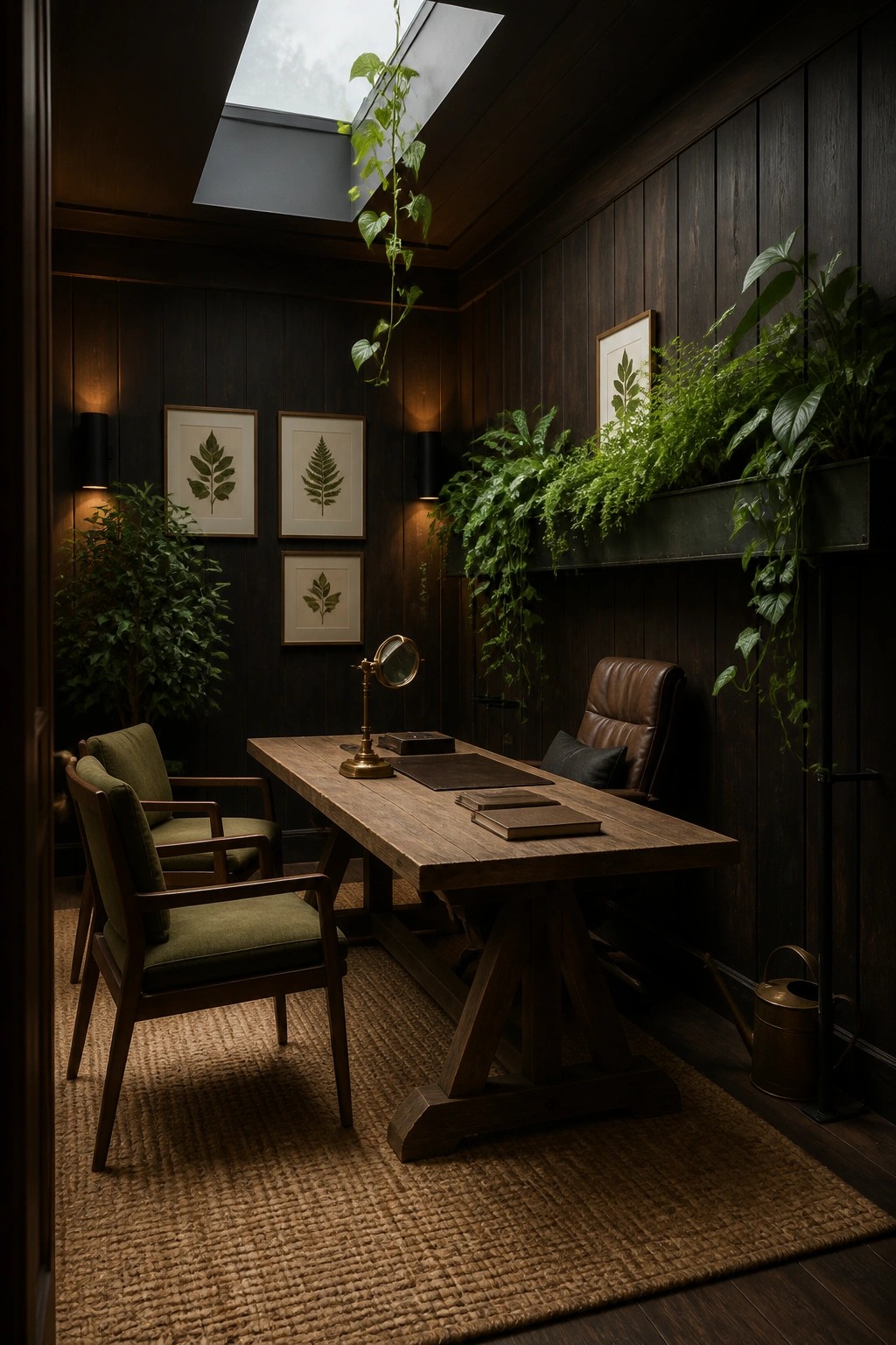 A masculine home office with dark wood paneled walls, a large wooden desk, upholstered chairs, a leather chair, framed botanical prints, and abundant green plants under a skylight.
