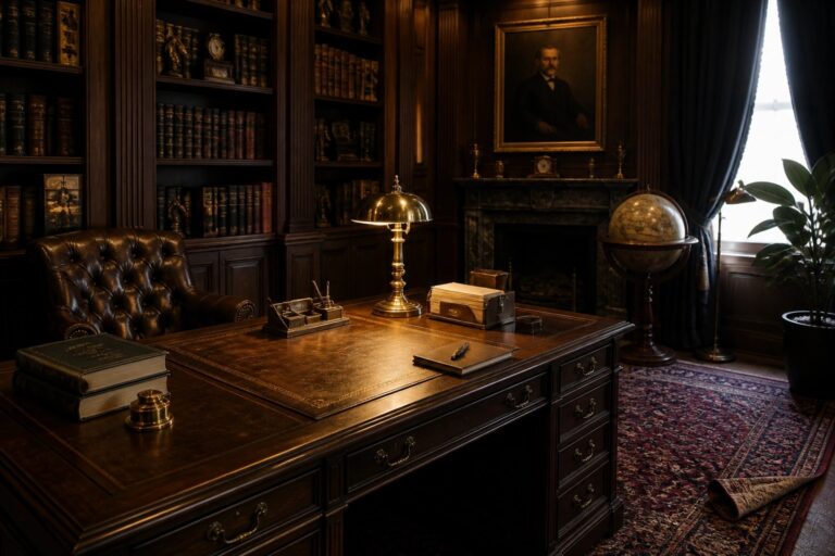 23 Luxurious Masculine Home Office Ideas for a High-End Executive Vibe A dark wood executive desk with a tufted leather chair sits in front of built-in bookshelves in a paneled office with a fireplace and globe.