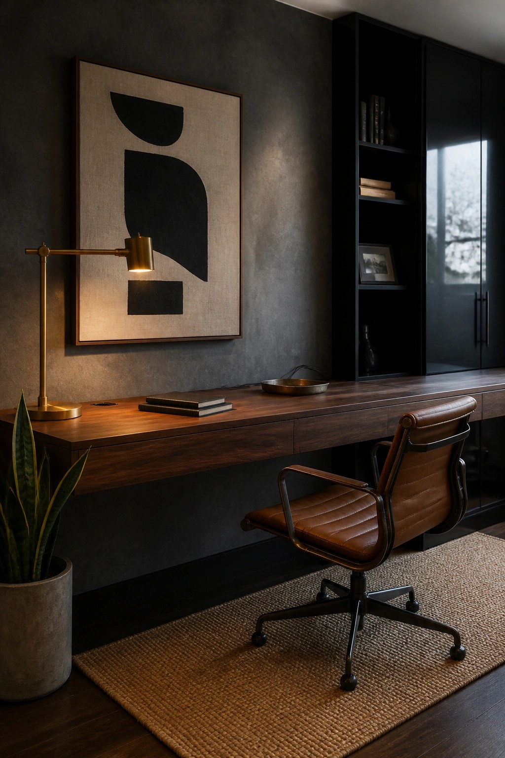 A home office featuring a long floating wooden desk on a dark textured wall, a brown leather swivel chair, abstract artwork, and black built-in cabinetry.