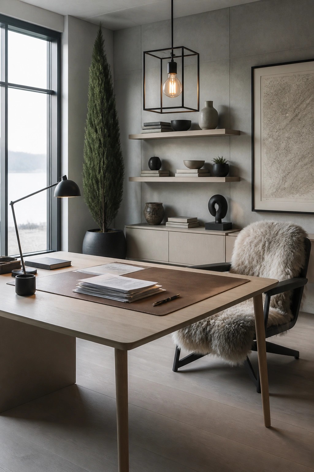 A light wood desk with a brown leather desk pad holding papers and a pen, next to a black desk lamp, with a fur-covered chair and floating shelves in the background.
