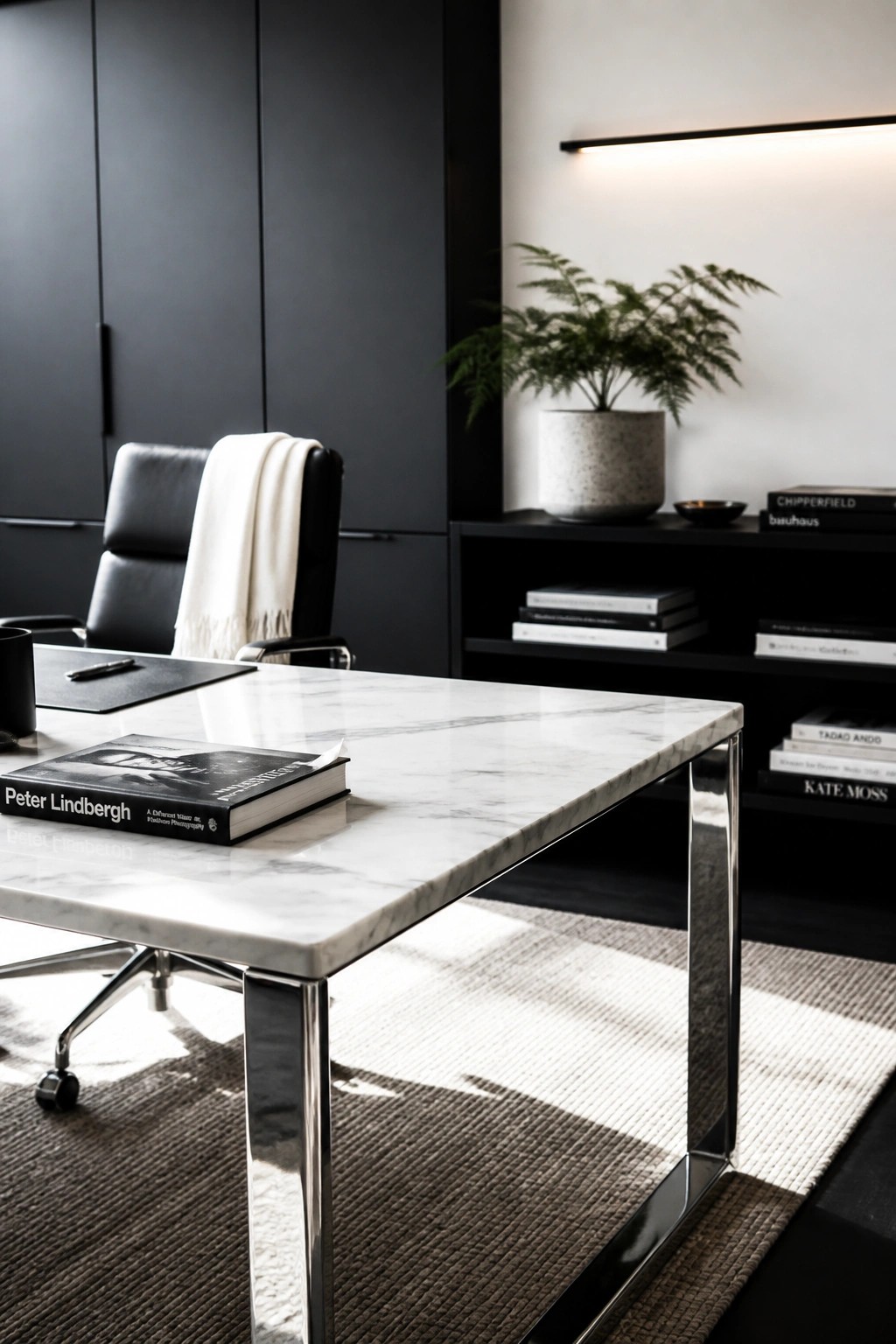 A modern executive office with a large white marble desk on polished chrome legs, a black leather office chair with a white throw, and dark built-in cabinetry in the background.