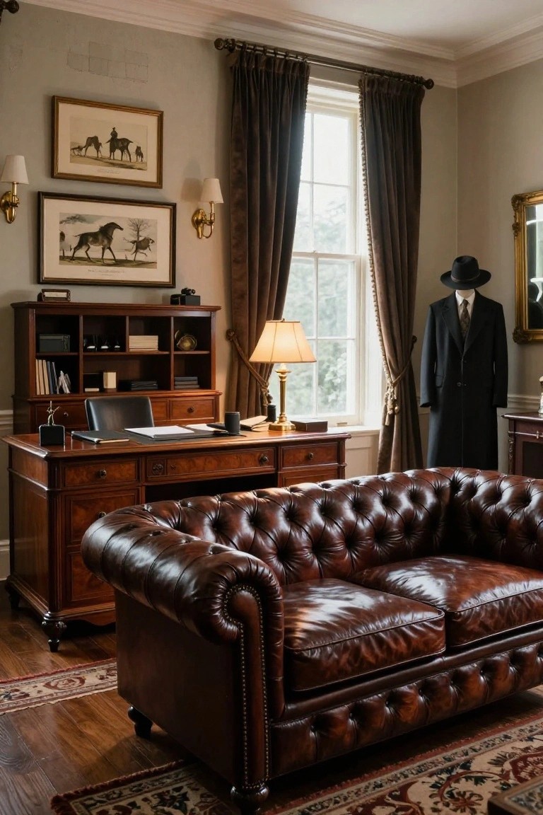 A brown tufted leather Chesterfield sofa in front of a wooden desk in a home office with bookshelves, framed horse prints, and dark curtains.