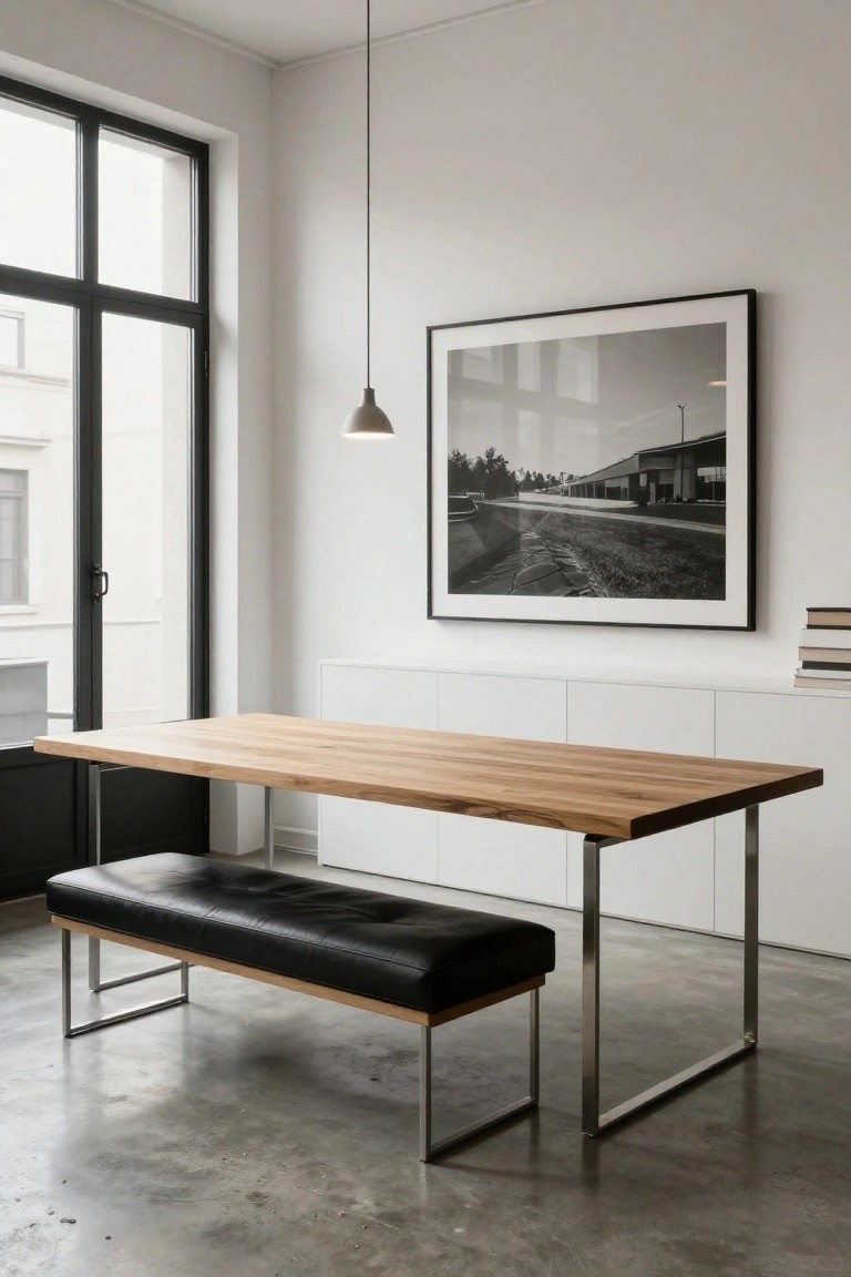 A minimalist interior showing a long wooden table with metal legs, a black leather bench, a pendant light, white cabinetry, and a large framed black and white photograph on the wall.
