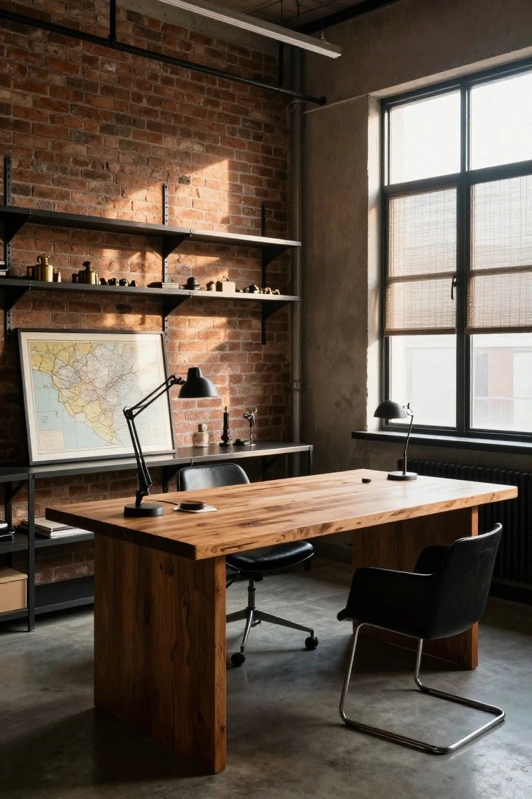 Industrial office with large wooden desk, black chairs, and exposed brick wall