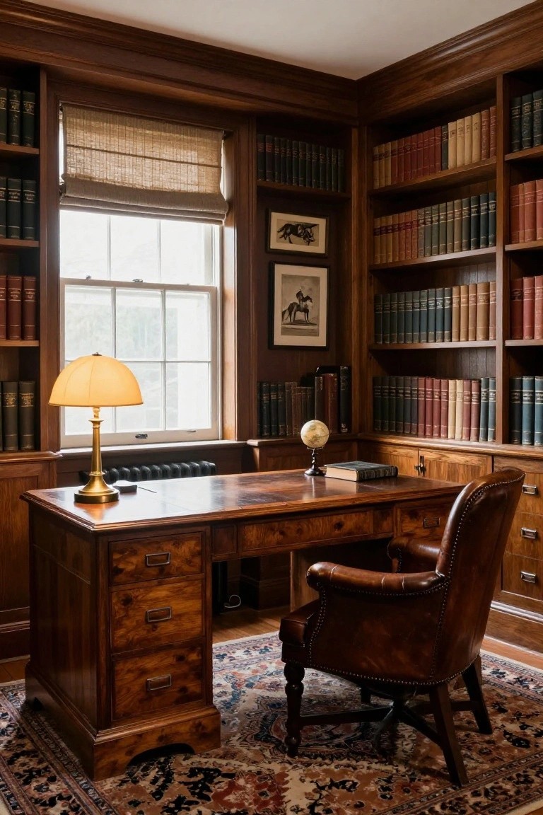A wooden desk and leather chair sit in front of built-in bookshelves filled with books in a home office with a window to the left.