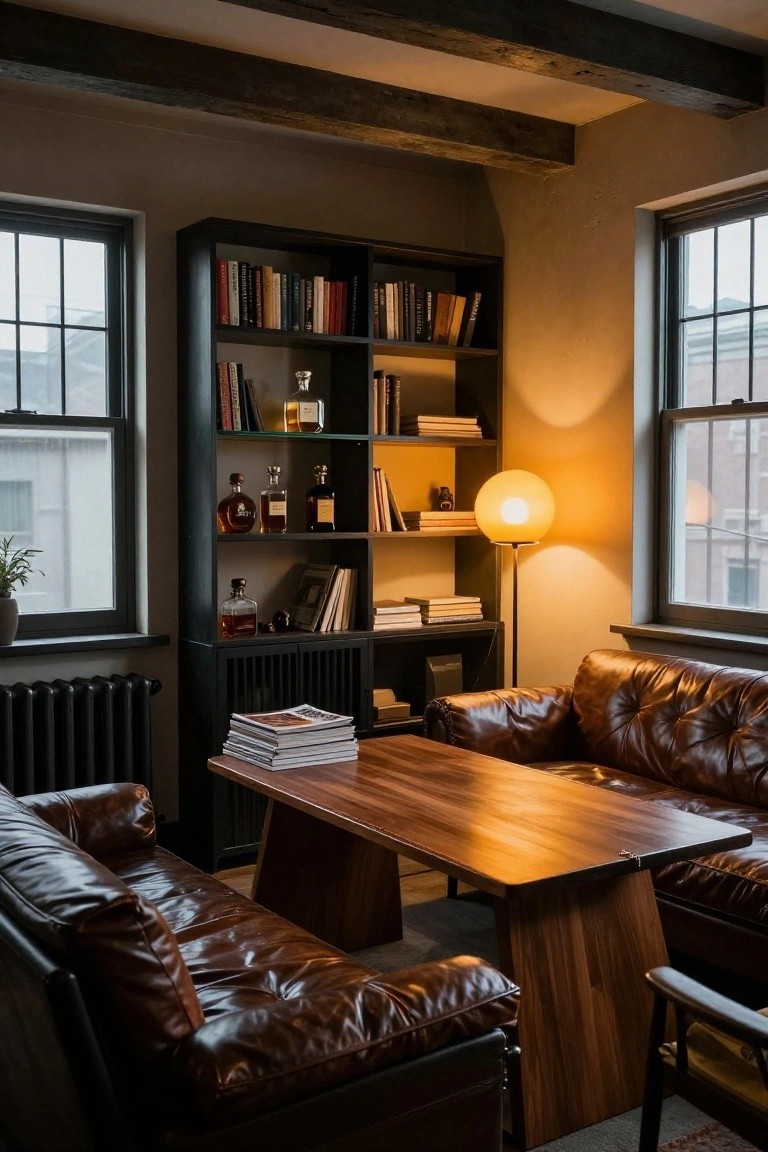 A home office interior with a tall dark built-in bookshelf filled with books and bottles, brown leather sofas, a wooden table, and windows on both sides.