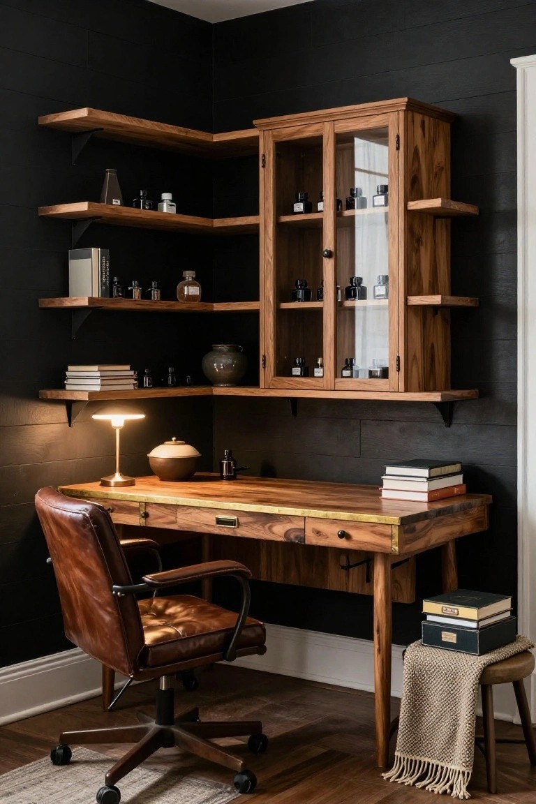 A wooden desk with leather office chair sits below wall-mounted wooden shelves and a glass-front cabinet in a room with dark walls.