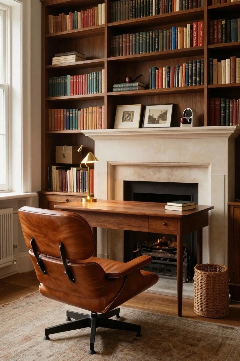 A wooden desk sits in front of a fireplace with built-in bookshelves filled with books above and beside the mantel, and a brown leather office chair in the foreground.