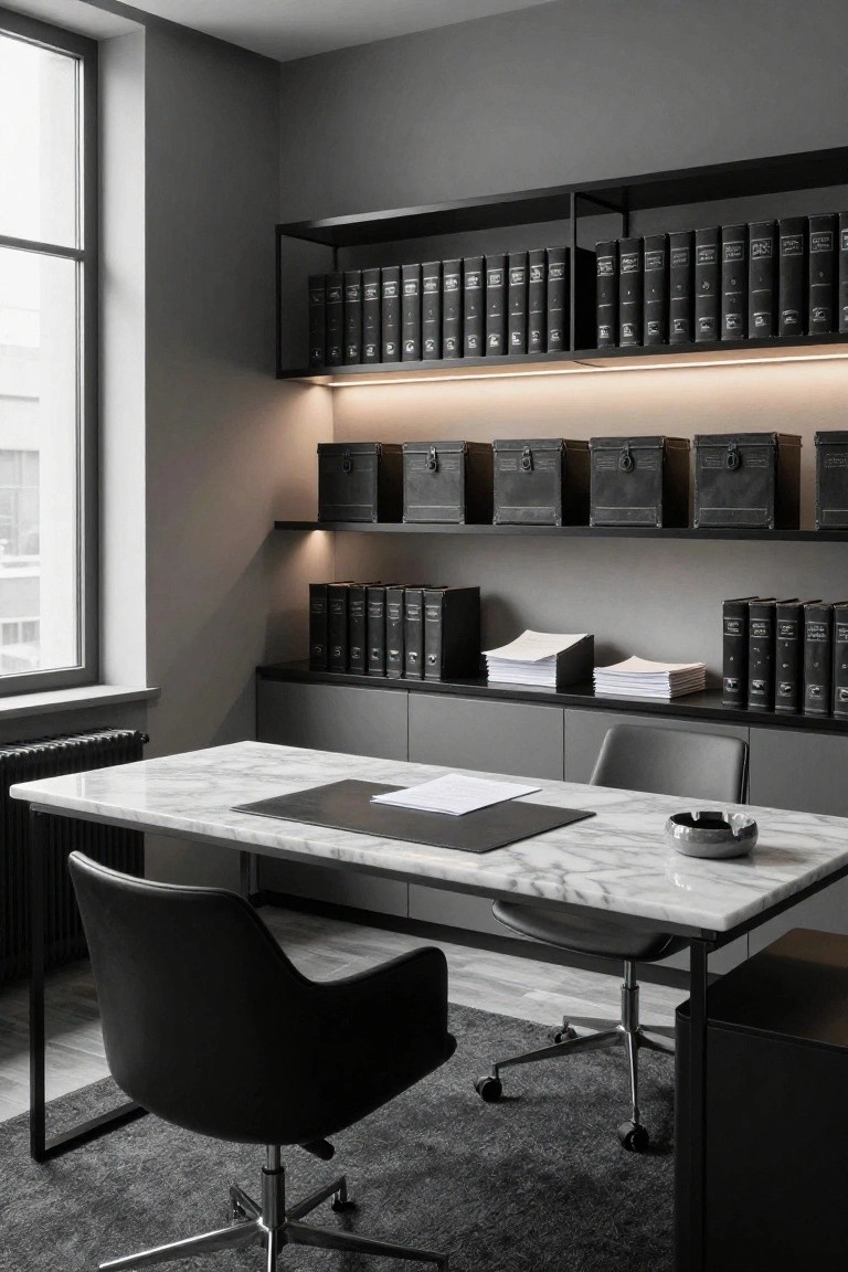 A modern office with a marble desk, two black chairs, and dark floating shelves holding rows of books and storage boxes.