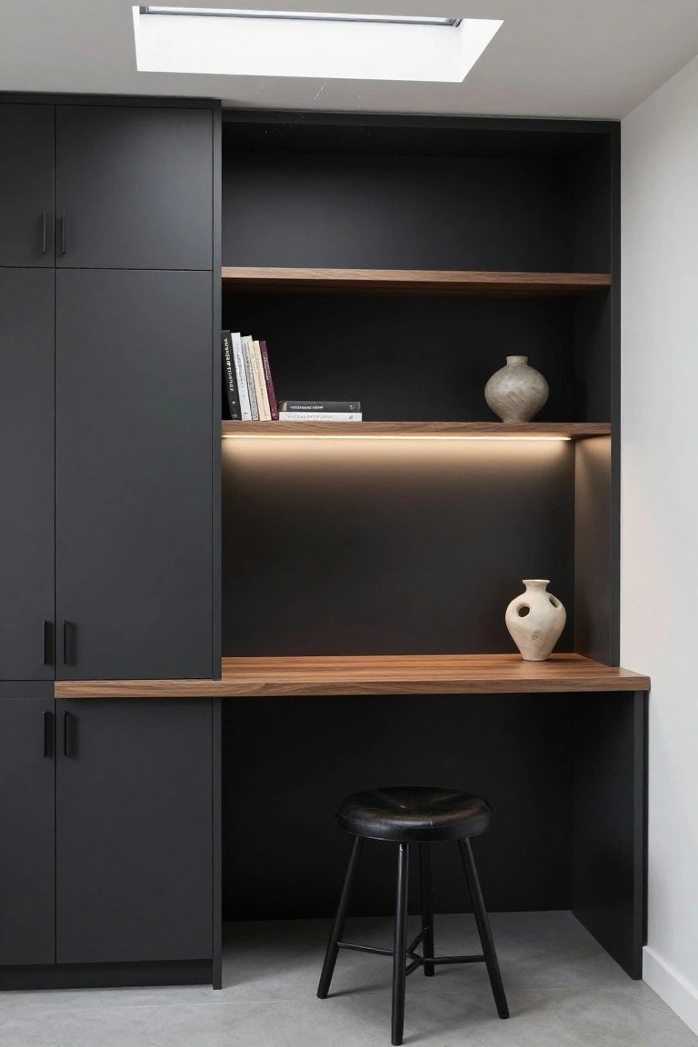 A modern home office features black built-in cabinetry with wooden shelves, a desk surface, under-shelf lighting, and a black stool in front.