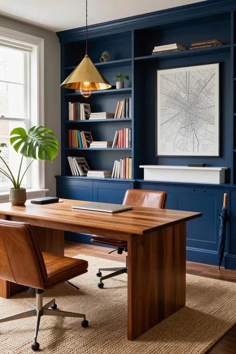 A home office with a wooden desk, two brown leather chairs, and deep blue built-in bookshelves and cabinets along the wall.