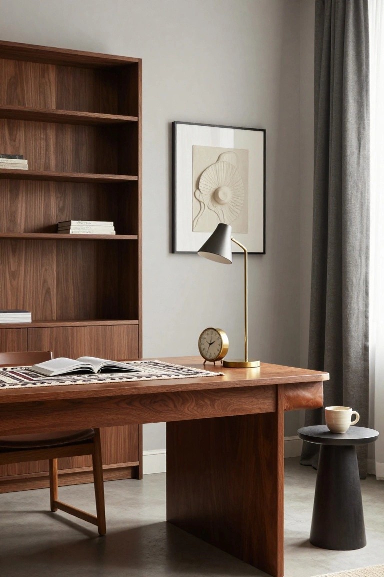 A wooden desk paired with tall matching built-in shelves, a brass desk lamp, small clock, and open book on a patterned runner.
