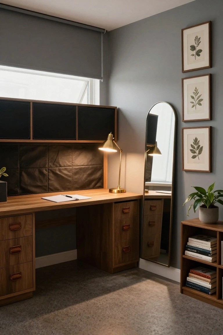 Wooden desk with lit brass lamp beside arched mirror and botanical prints
