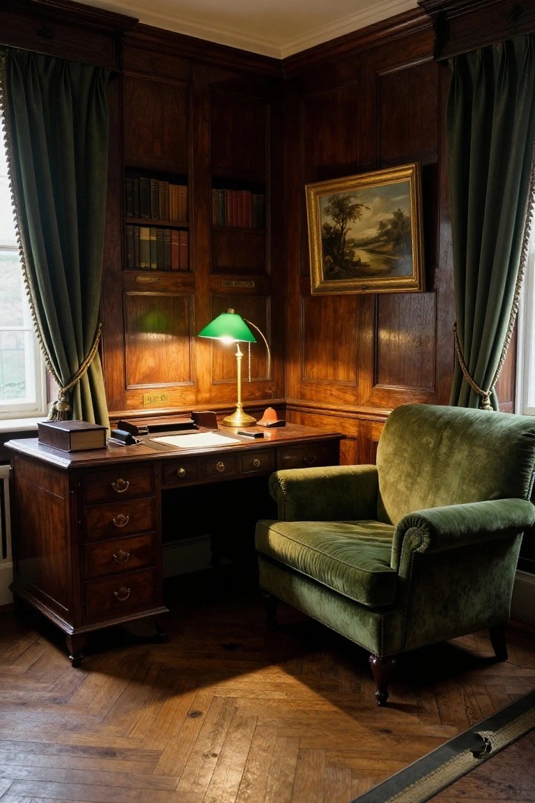 A home office with dark wood paneling, built-in bookshelves, a wooden desk with a green lamp, and a green velvet armchair.